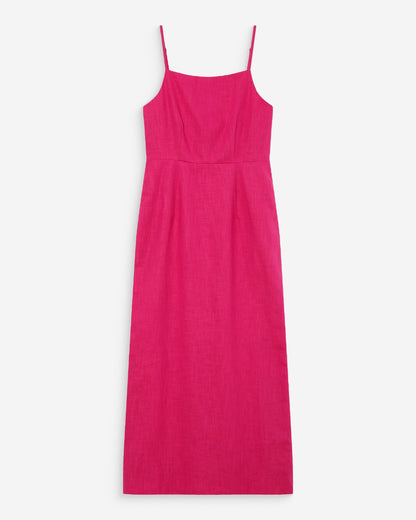 Robe longue en lin ajustée col carré fuchsia Veranys