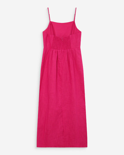 Robe longue en lin ajustée col carré fuchsia Veranys