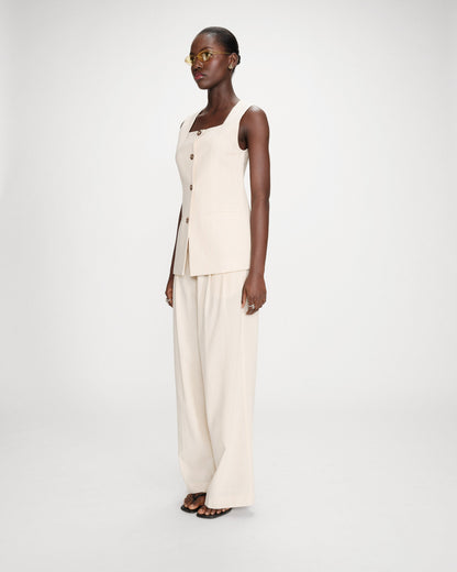 Gilet rayé en lin sans manches col carré boutonné vanille Vic
