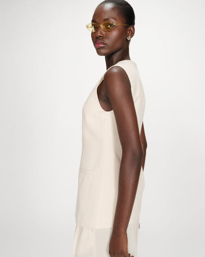 Gilet rayé en lin sans manches col carré boutonné vanille Vic