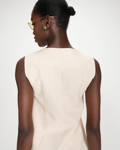 Gilet rayé en lin sans manches col carré boutonné vanille Vic