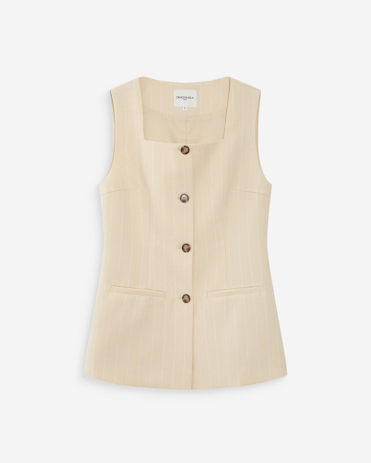 Gilet rayé en lin sans manches col carré boutonné vanille Vic