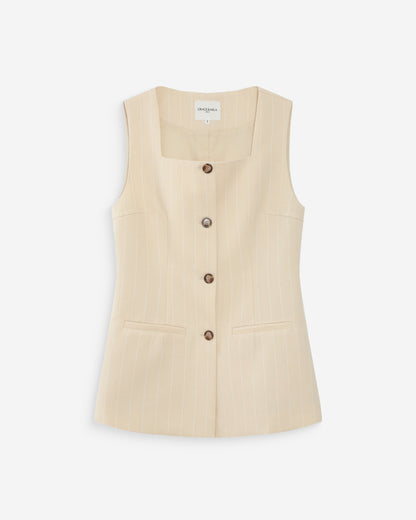 Gilet rayé en lin sans manches col carré boutonné vanille Vic