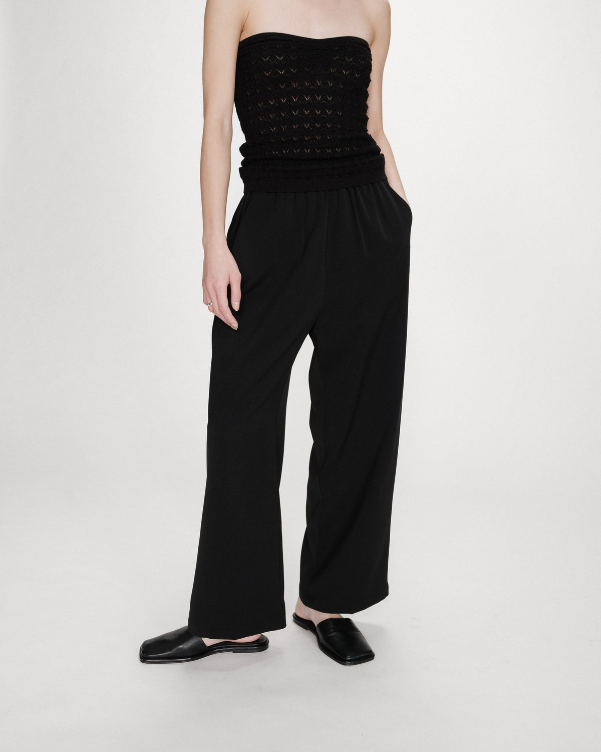 Pantalon fluide jambe large taille mi-haute noir Noblesse
