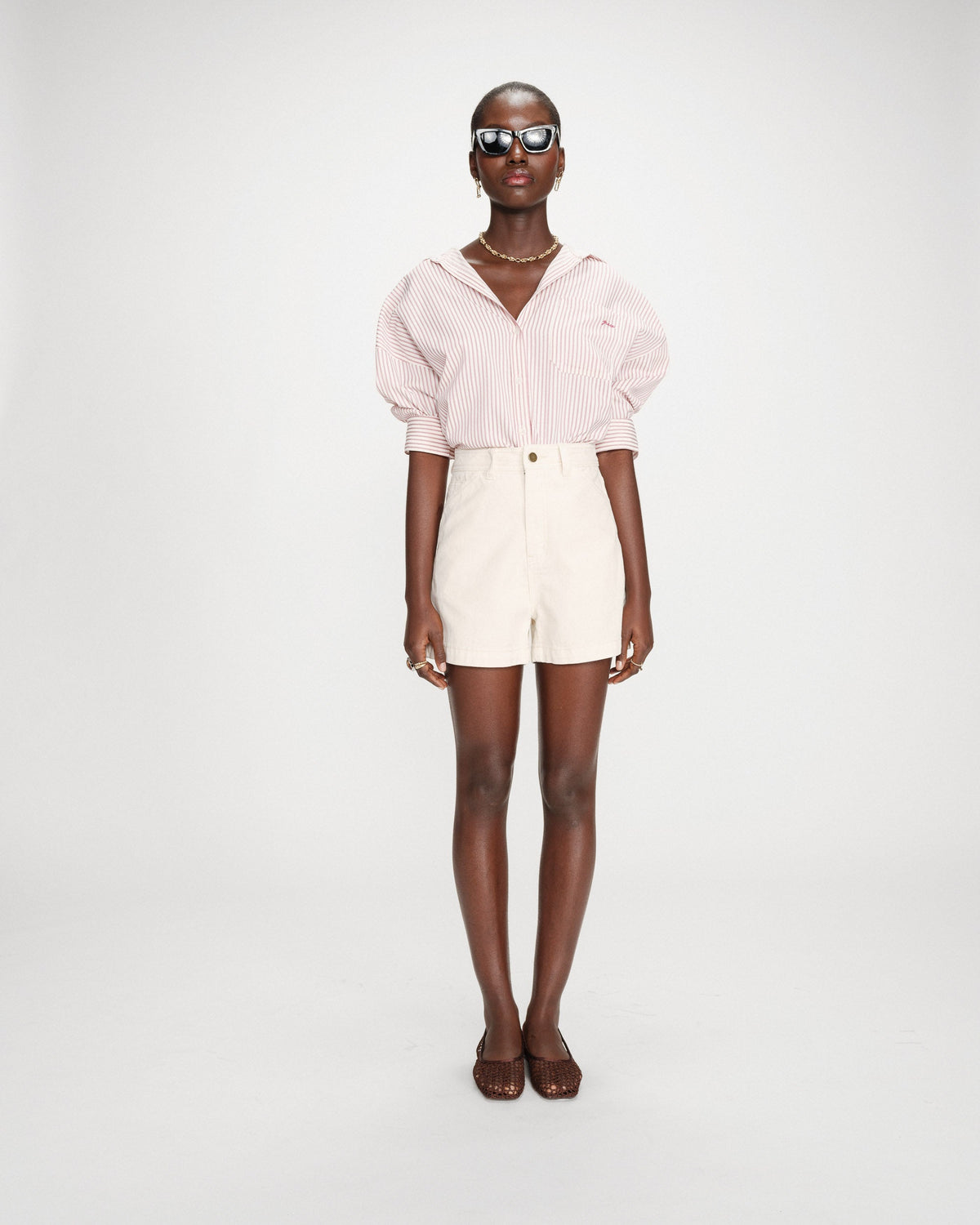 Short en jean taille haute droit ecru Verne