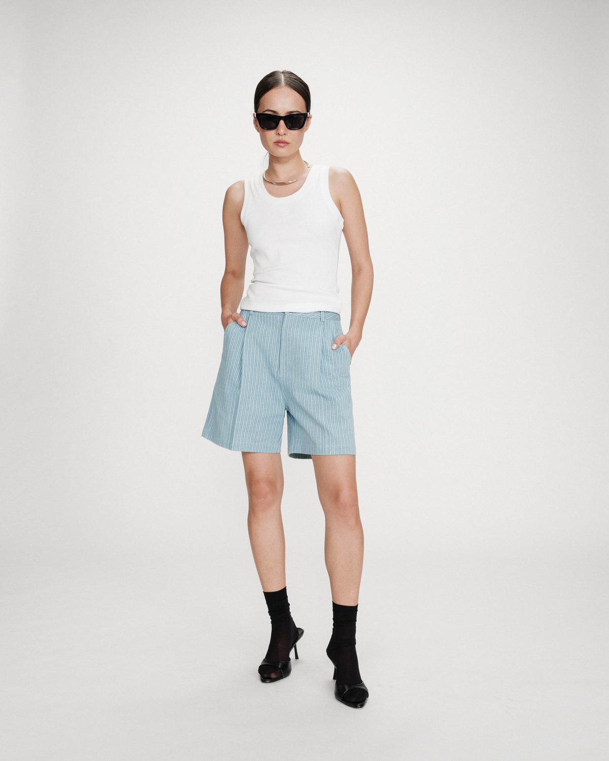 Short rayé en denim large taille haute stripedblue Vars