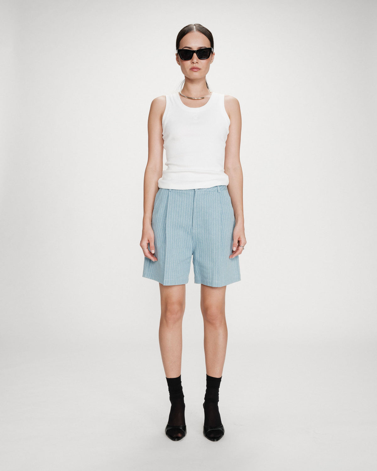 Short rayé en denim large taille haute stripedblue Vars