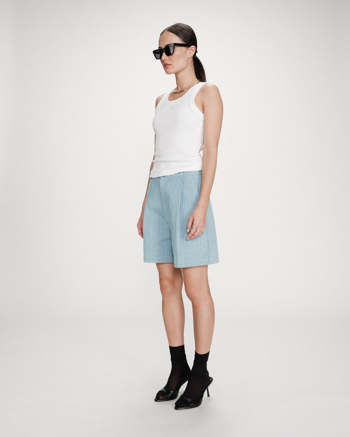 Short rayé en denim large taille haute stripedblue Vars