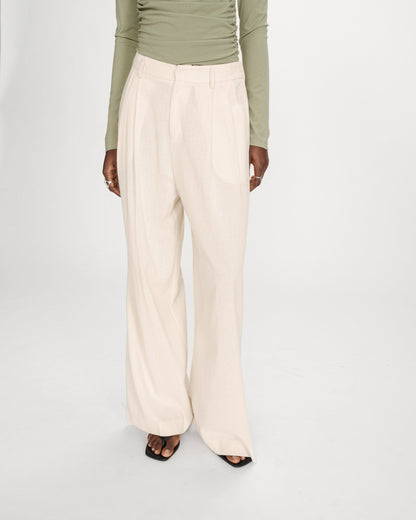 Pantalon tailleur droit en lin à fines rayures vanille Very
