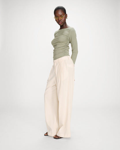 Pantalon tailleur droit en lin à fines rayures vanille Very