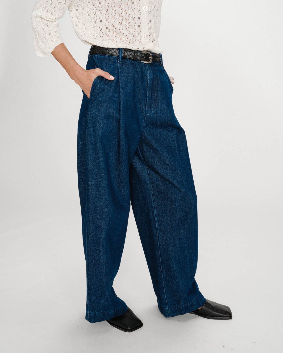 Pantalon denim large taille mi-haute à plis mediumblue Vienne