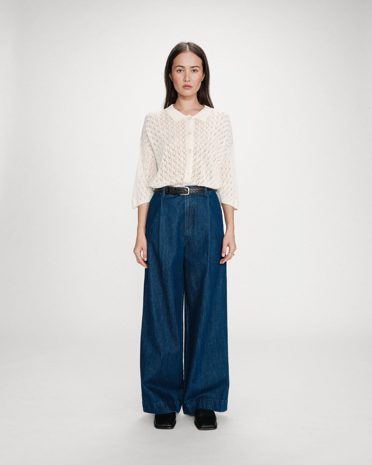 Pantalon denim large taille mi-haute à plis mediumblue Vienne