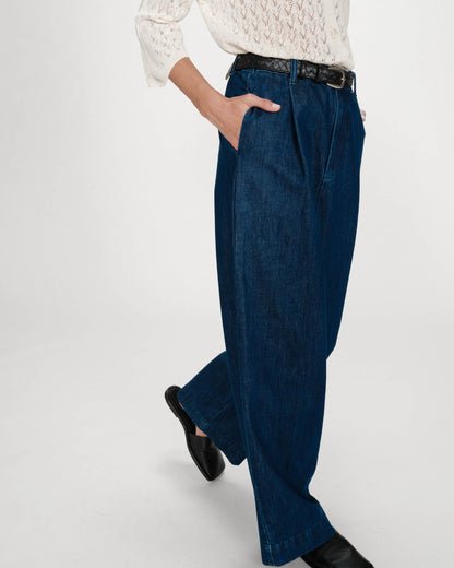 Pantalon denim large taille mi-haute à plis mediumblue Vienne