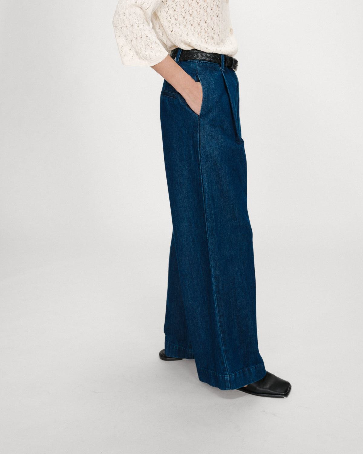 Pantalon denim large taille mi-haute à plis mediumblue Vienne