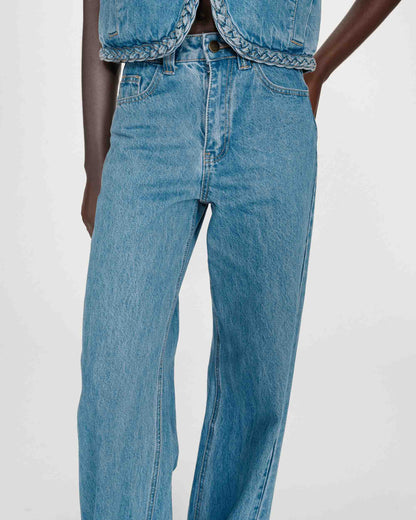 Jean large taille haute ceinture tressée lightblue Jaden