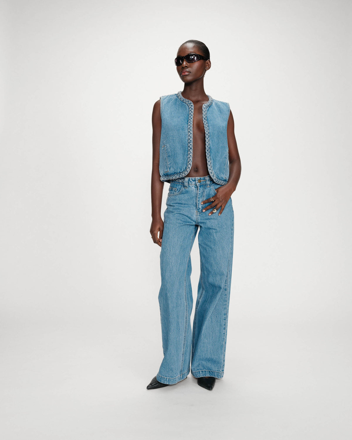 Jean large taille haute ceinture tressée lightblue Jaden