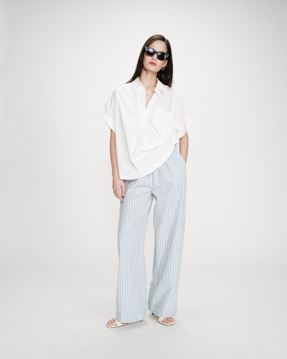 Pantalon à rayures large taille réglable à cordon bleuet Volute