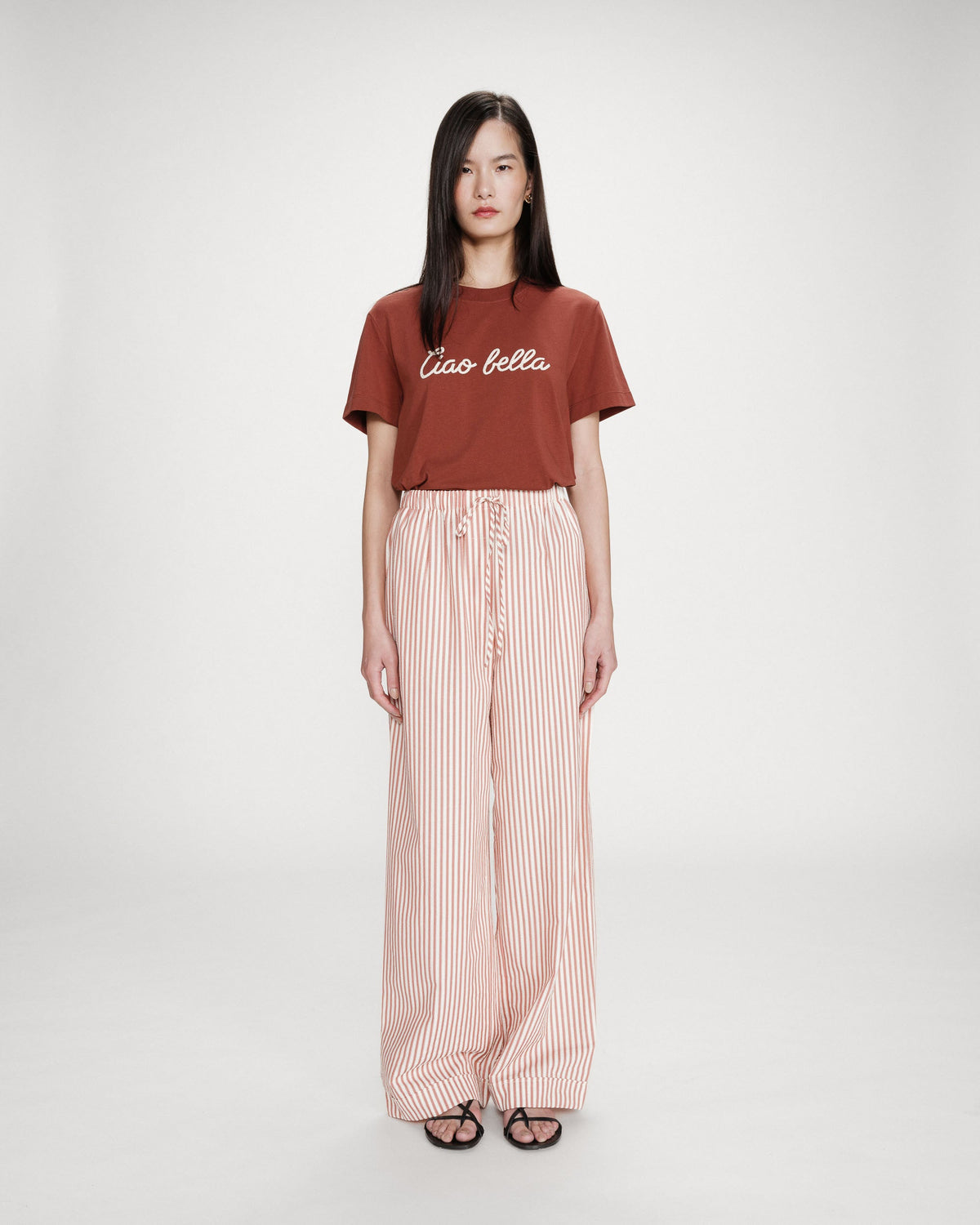 Pantalon à rayures large taille réglable à cordon corail Volute