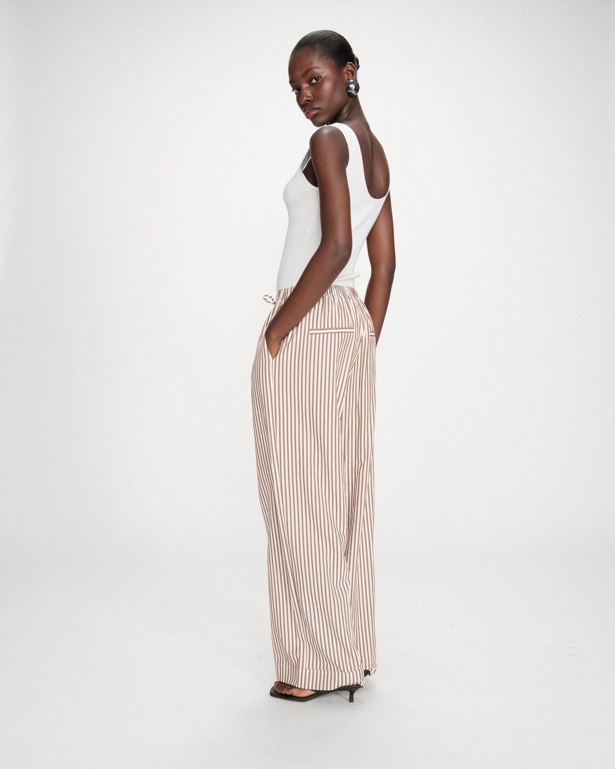 Pantalon à rayures large taille réglable à cordon mocha Volute