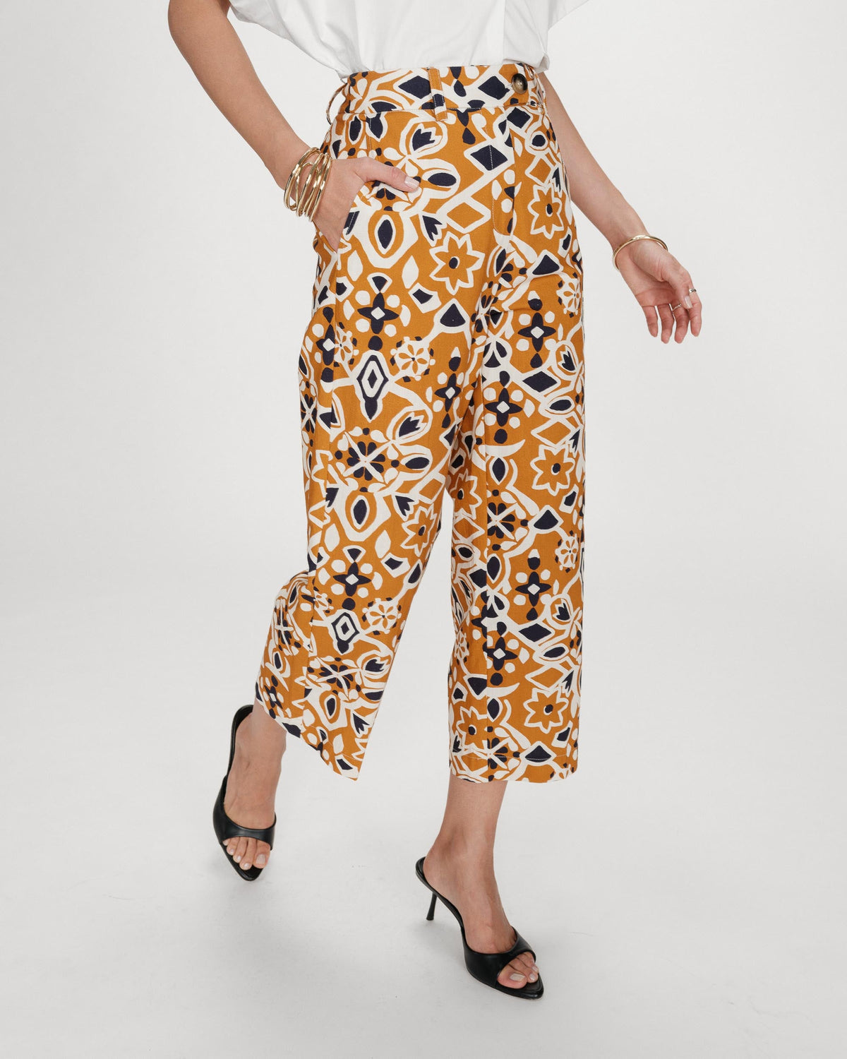 Pantalon 7/8e taille haute droit à motifs cognac Varsy
