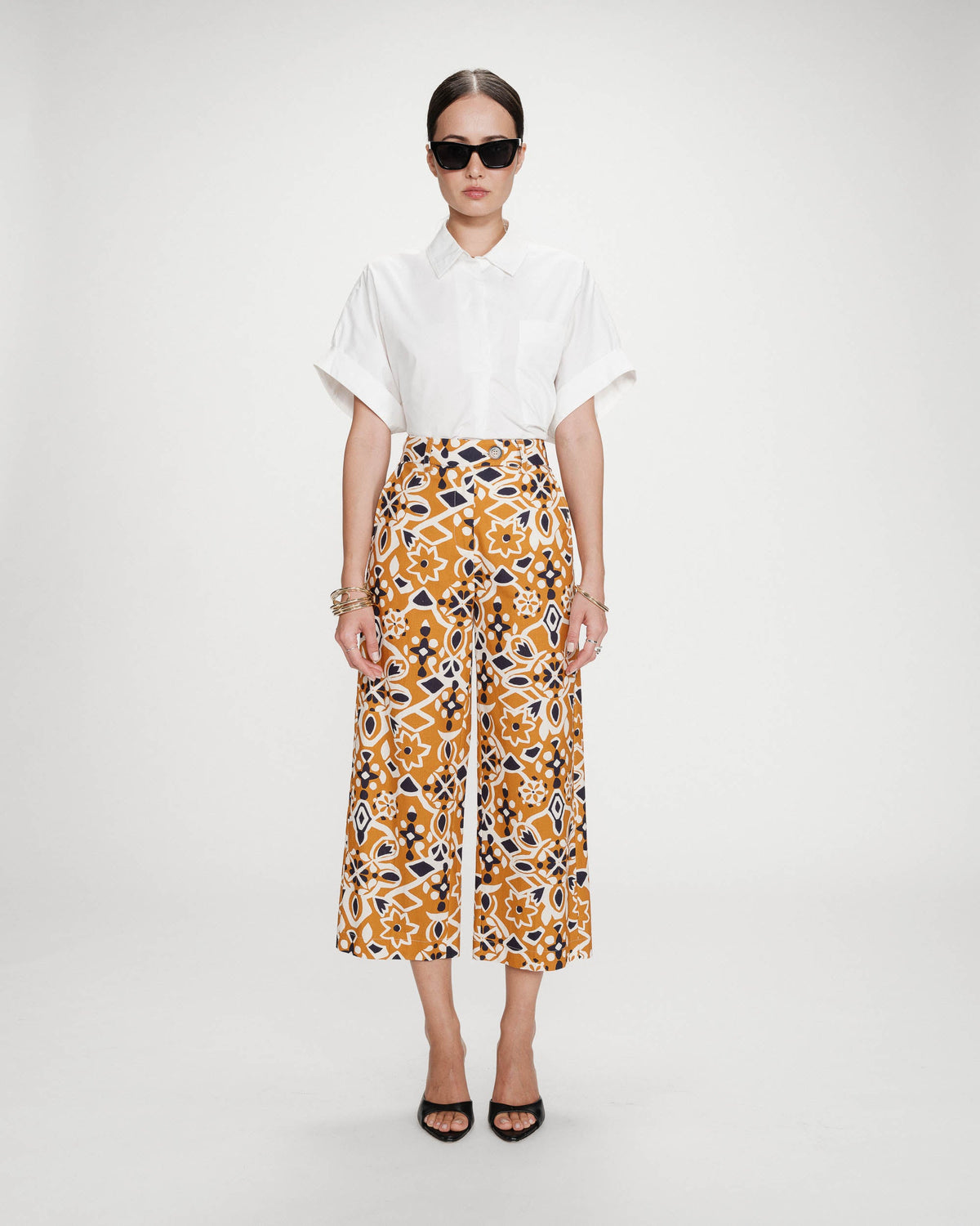 Pantalon 7/8e taille haute droit à motifs cognac Varsy