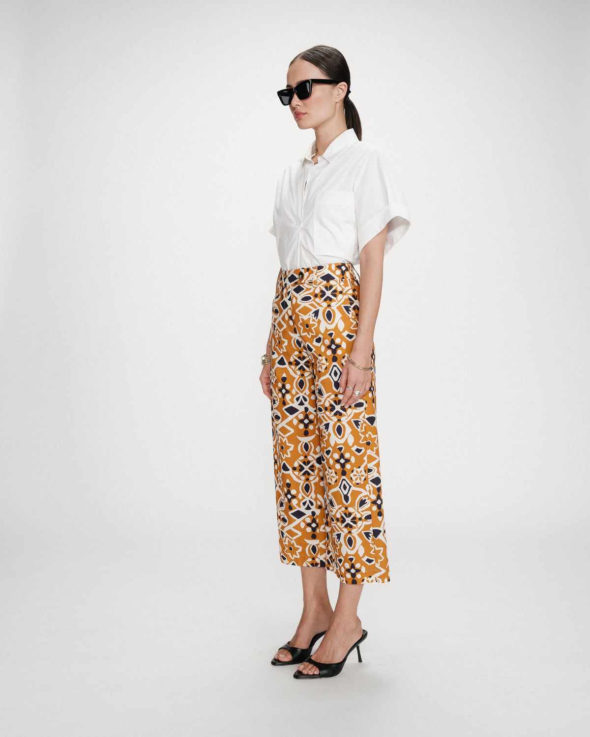 Pantalon 7/8e taille haute droit à motifs cognac Varsy