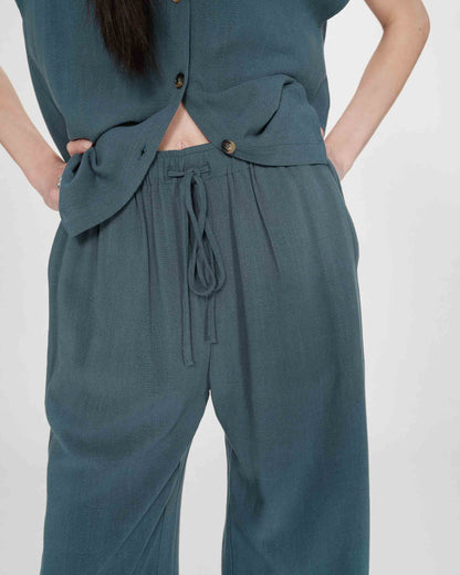 Pantalon large en lin taille haute emeraude Raven