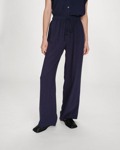 Pantalon large en lin taille haute marine Raven