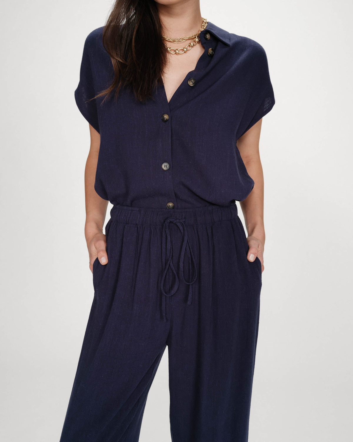 Pantalon large en lin taille haute marine Raven