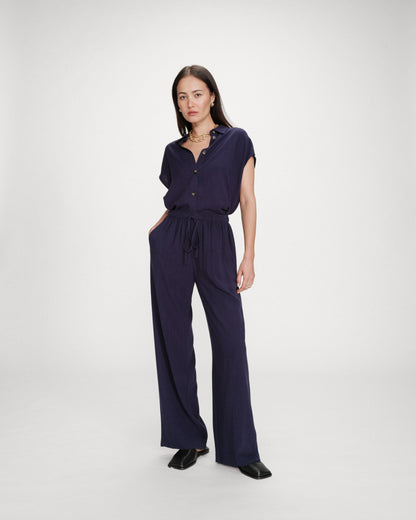 Pantalon large en lin taille haute marine Raven