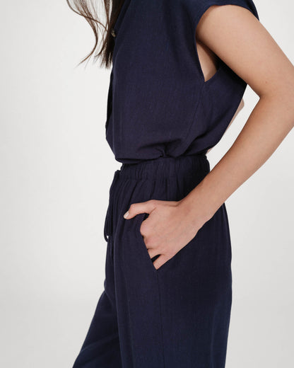 Pantalon large en lin taille haute marine Raven