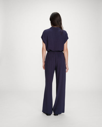 Pantalon large en lin taille haute marine Raven