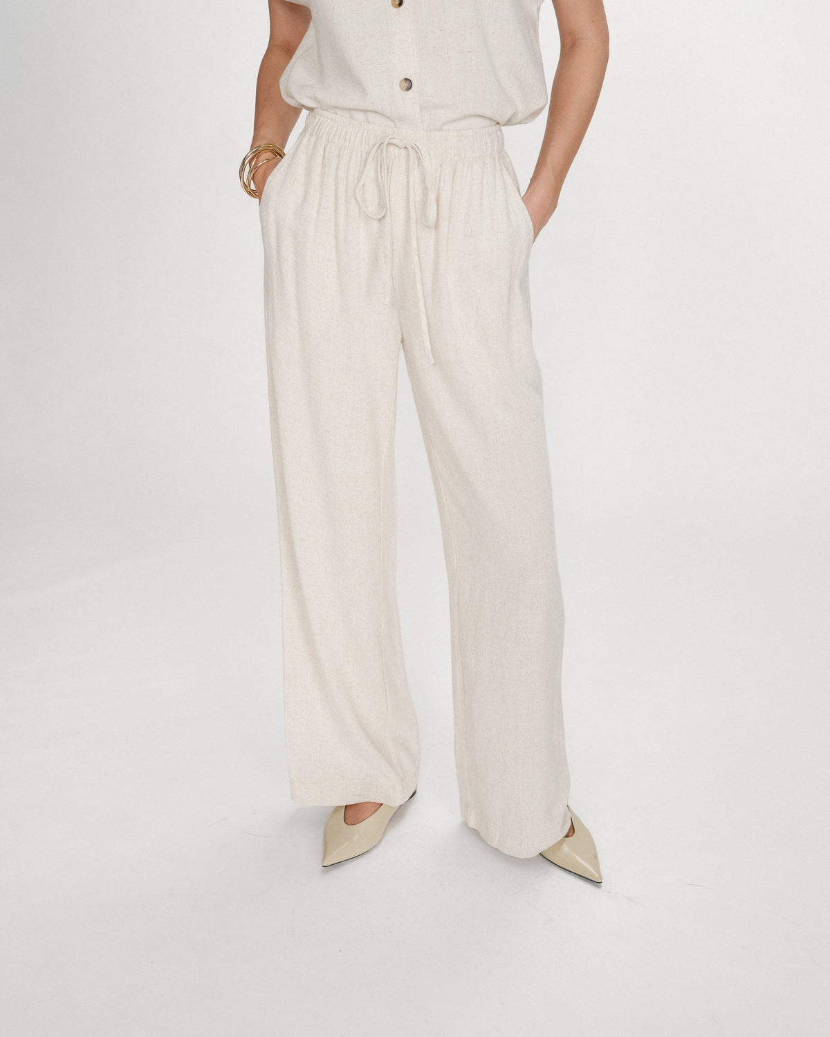 Pantalon large en lin taille haute sable Raven