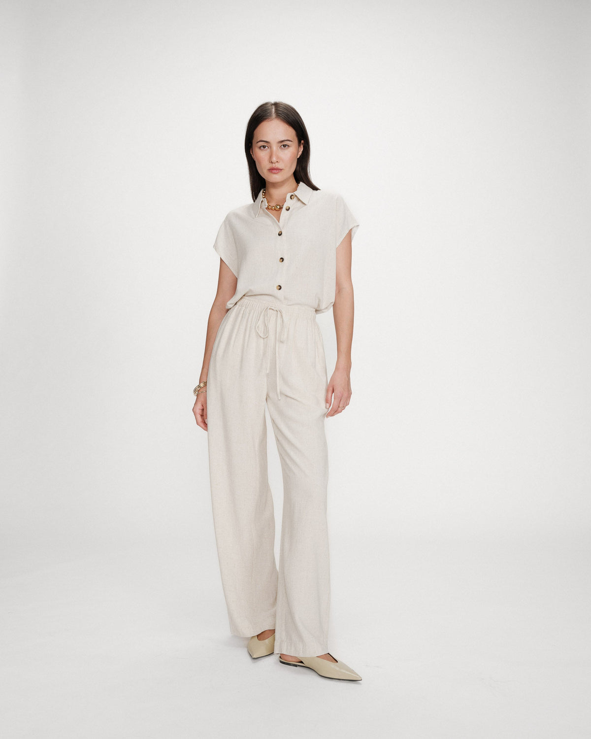 Pantalon large en lin taille haute sable Raven