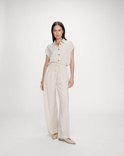 Pantalon large en lin taille haute sable Raven