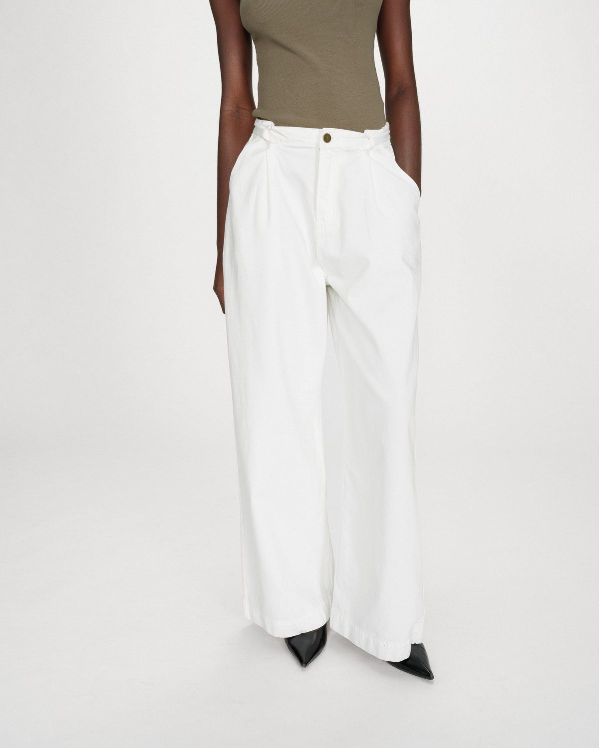 Jean baggy fluide taille mi-haute white Pompon