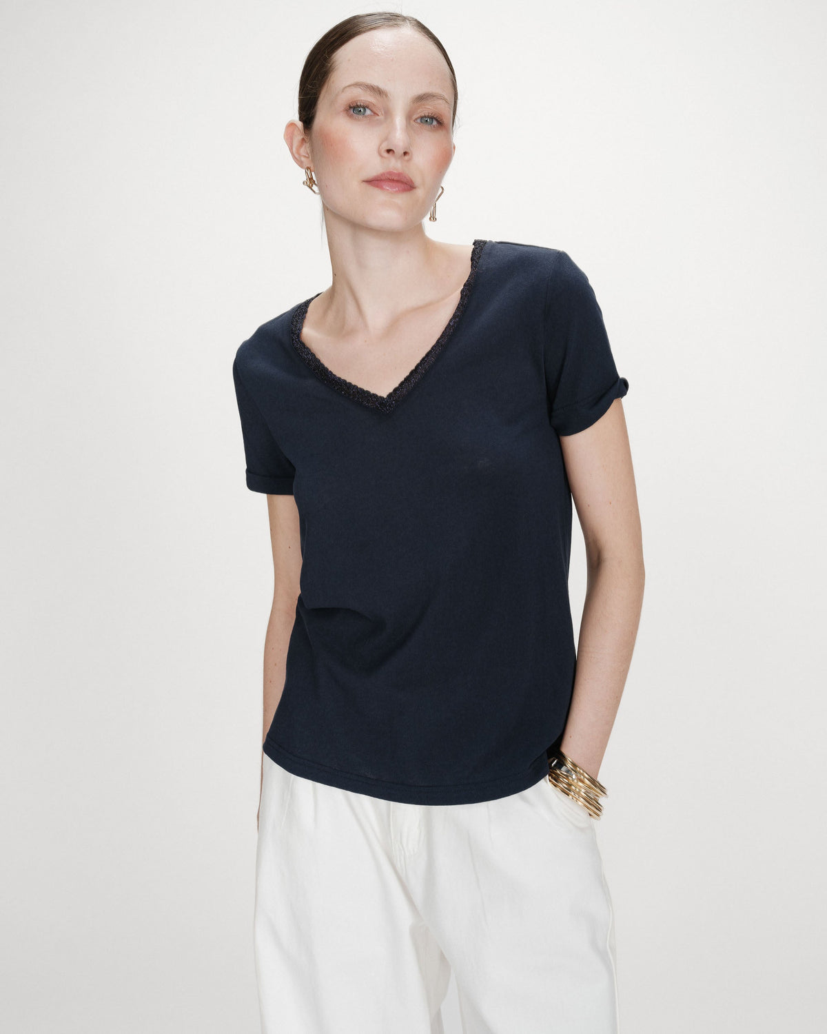T-shirt col V manches courtes marine Vasco