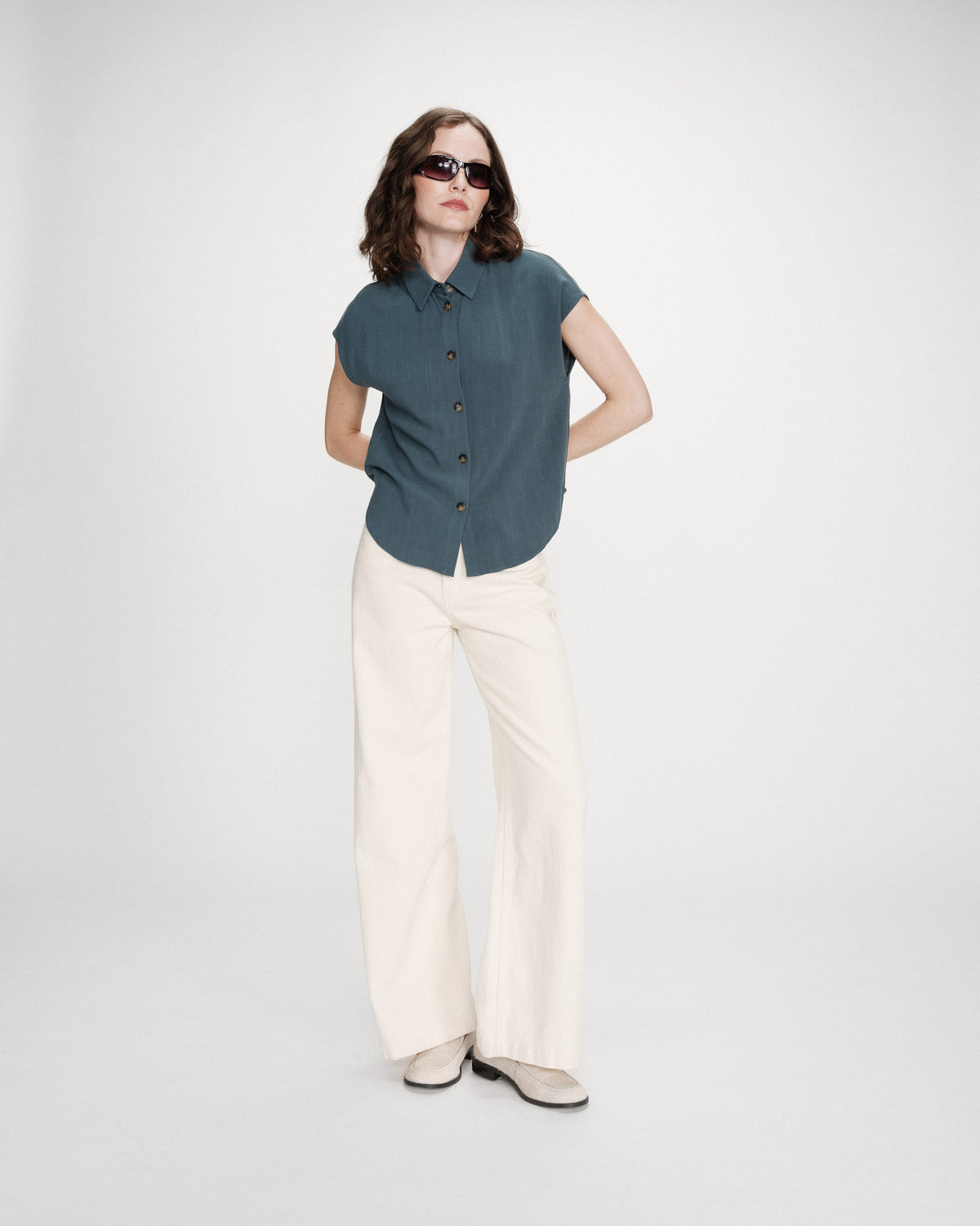 Chemise en lin fluide manches courtes emeraude Perez
