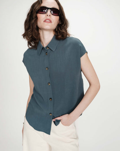Chemise en lin fluide manches courtes emeraude Perez