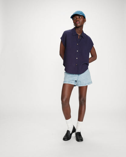 Chemise en lin fluide manches courtes marine Perez