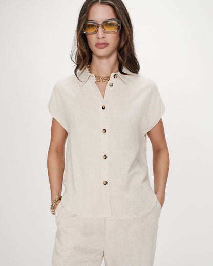 Chemise en lin fluide manches courtes sable Perez