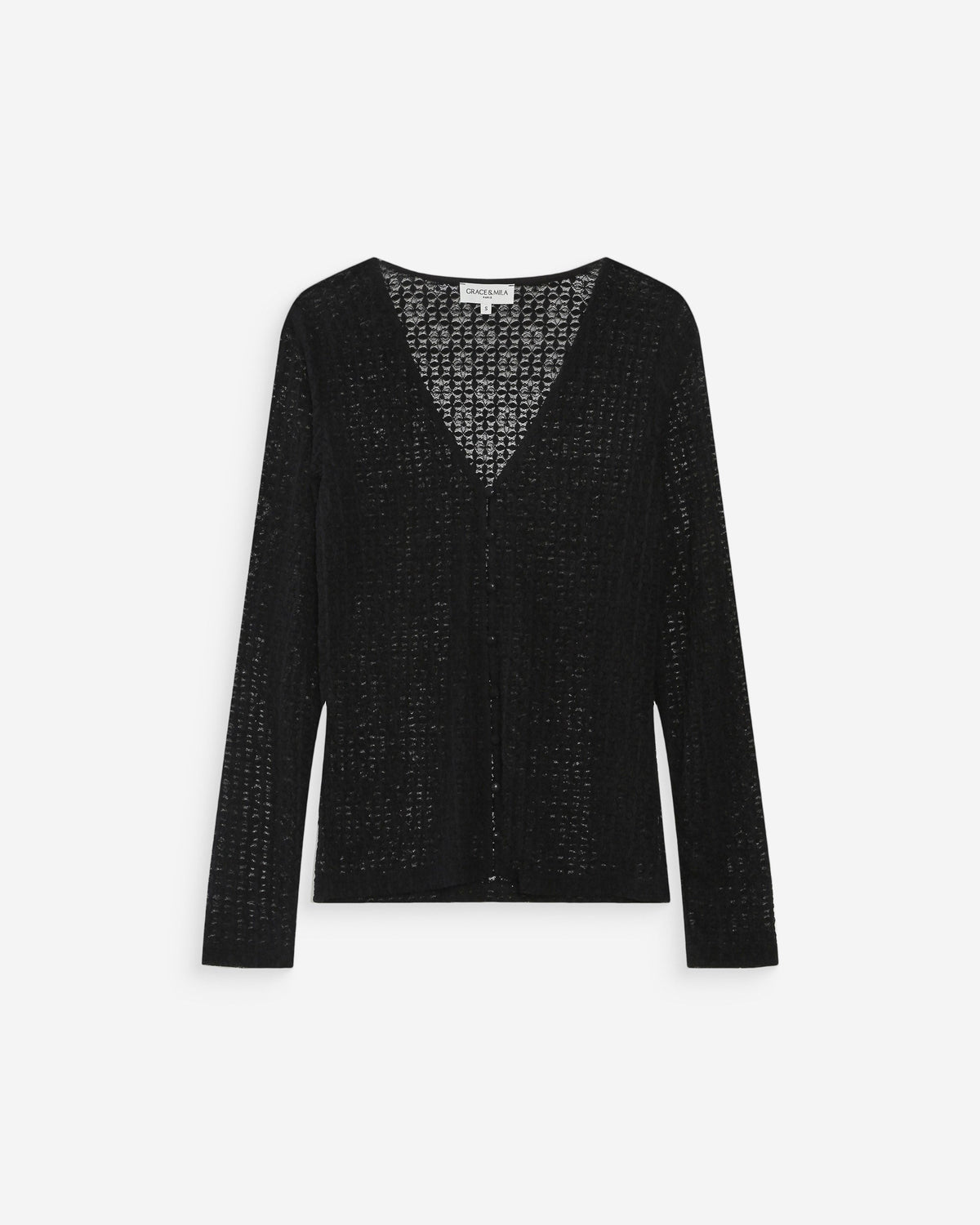 Top en dentelle ajusté boutonné col V noir Venezia