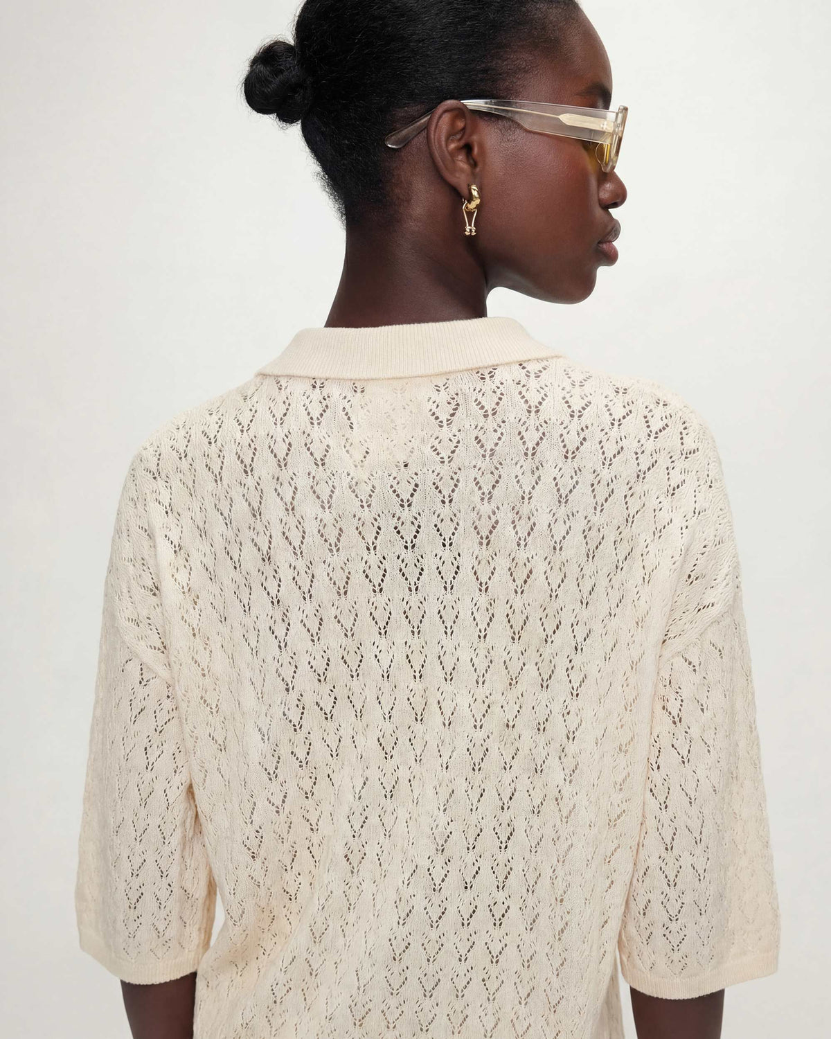 Cardigan en maille ajourée col chemise ecru Vadim