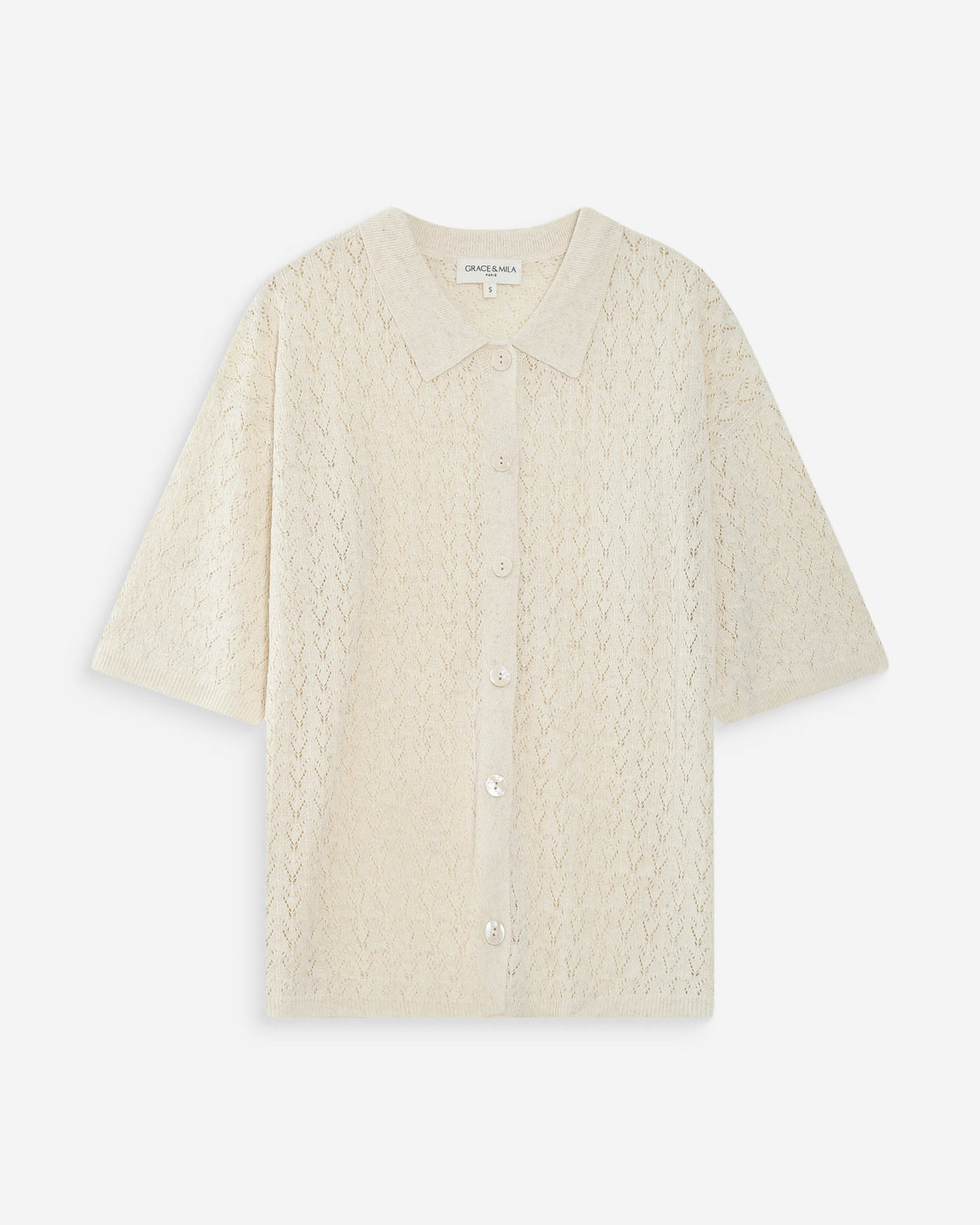 Cardigan en maille ajourée col chemise ecru Vadim