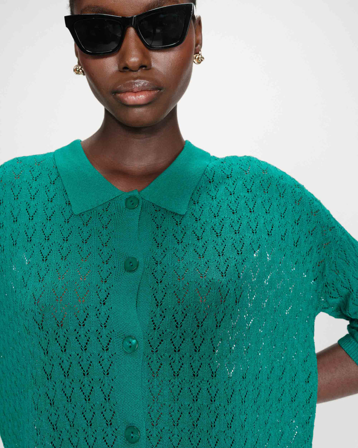 Cardigan en maille ajourée col chemise vert Vadim