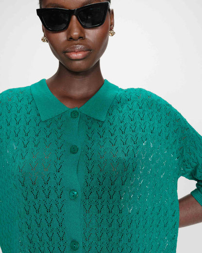 Cardigan en maille ajourée col chemise vert Vadim