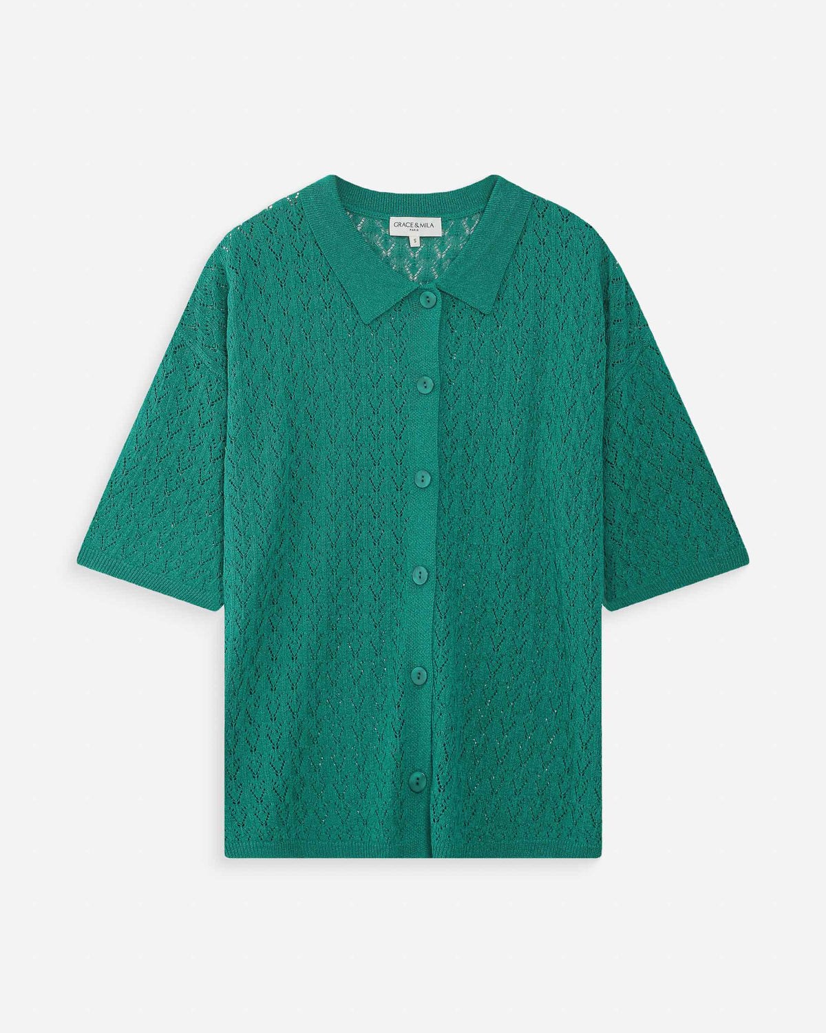 Cardigan en maille ajourée col chemise vert Vadim