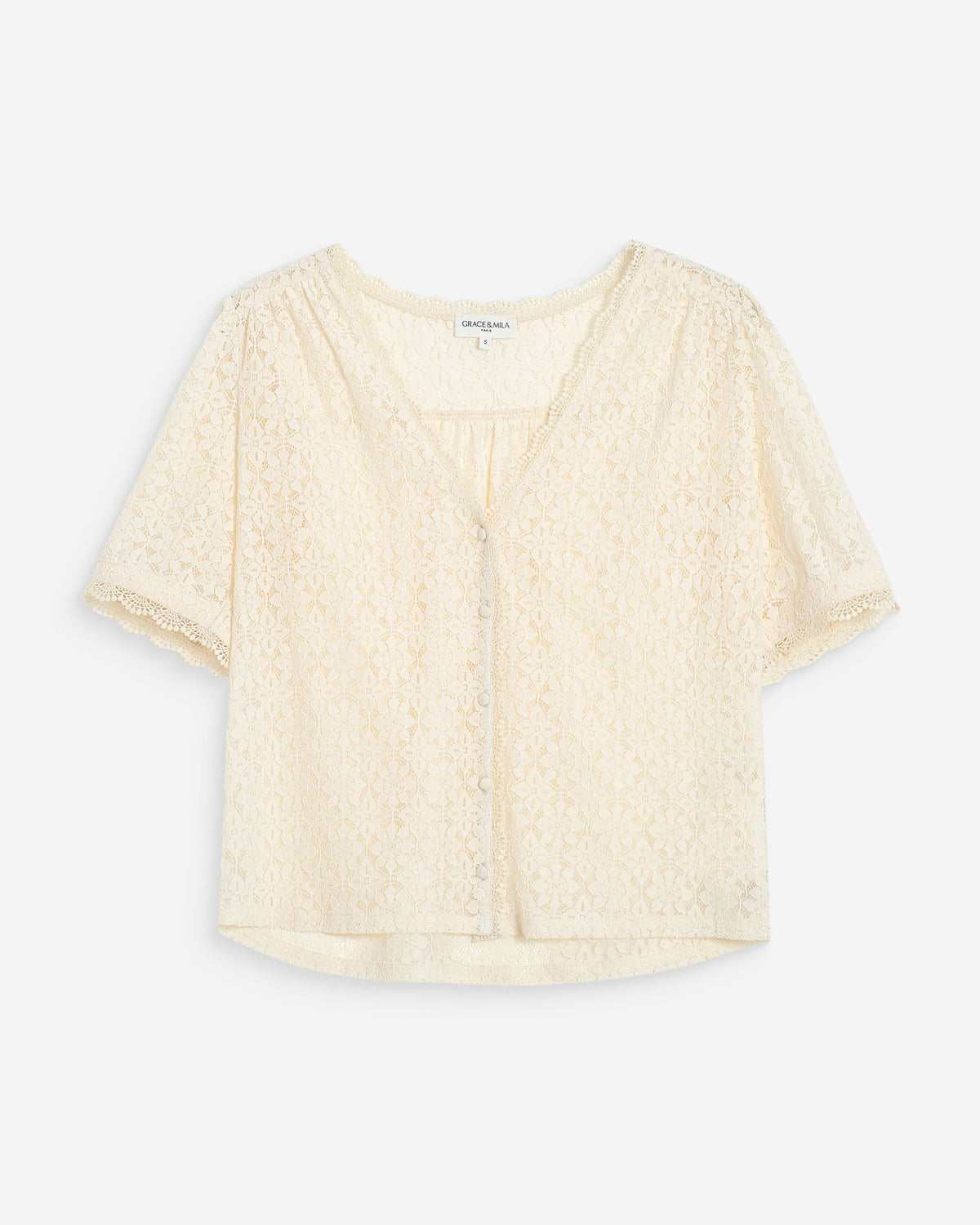 Blouse en dentelle col V manches courtes amande Vicky