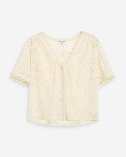 Blouse en dentelle col V manches courtes amande Vicky