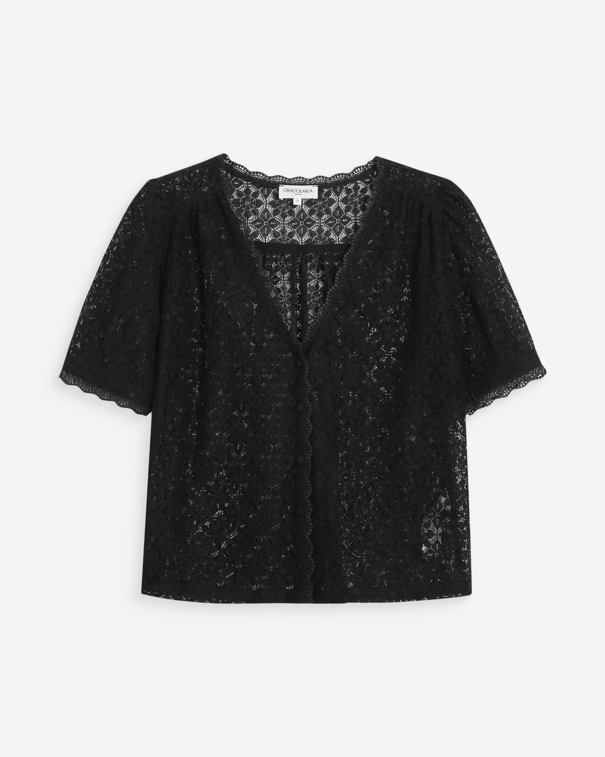 Blouse en dentelle col V manches courtes noir Vicky